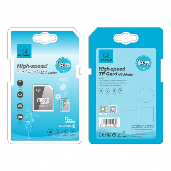 Карта пам'яті Micro SDHC Card з адаптером Usams US-ZB117 High Speed TF Card 16Gb