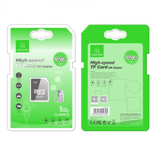 Карта пам'яті Micro SDHC Card з адаптером Usams US-ZB118 High Speed TF Card 32Gb