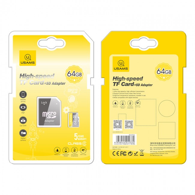 Карта пам'яті Micro SDHC Card з адаптером Usams US-ZB119 High Speed TF Card 64Gb
