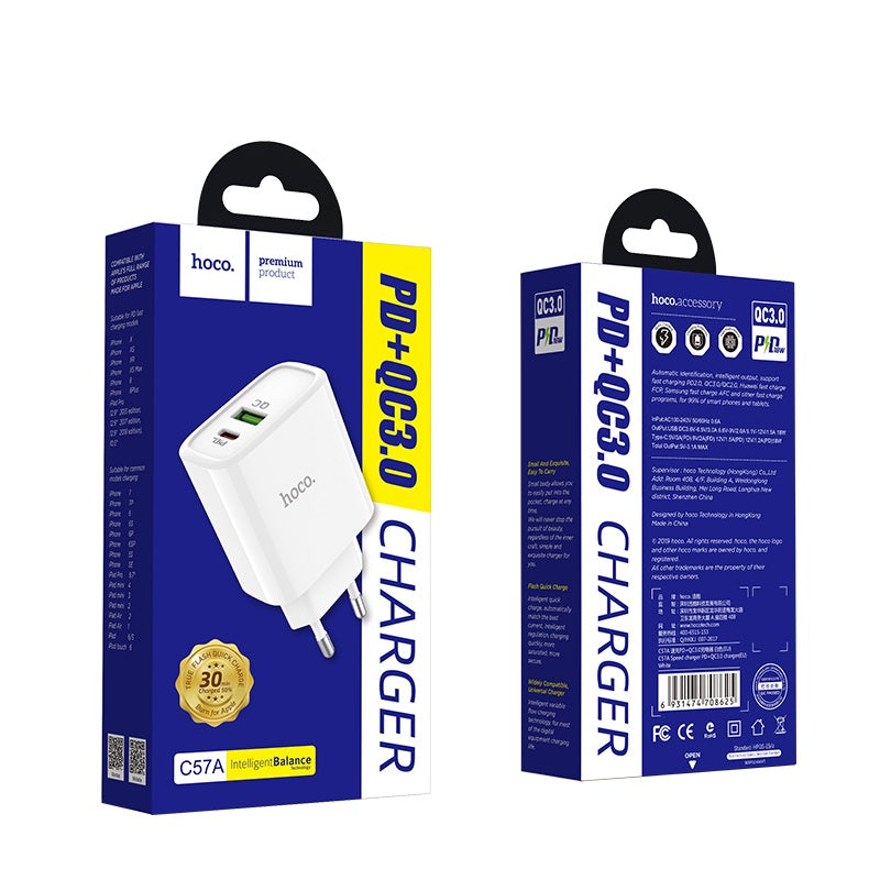 Мережевий зарядний пристрій Hoco C57A Speed PD+QC3.0 White