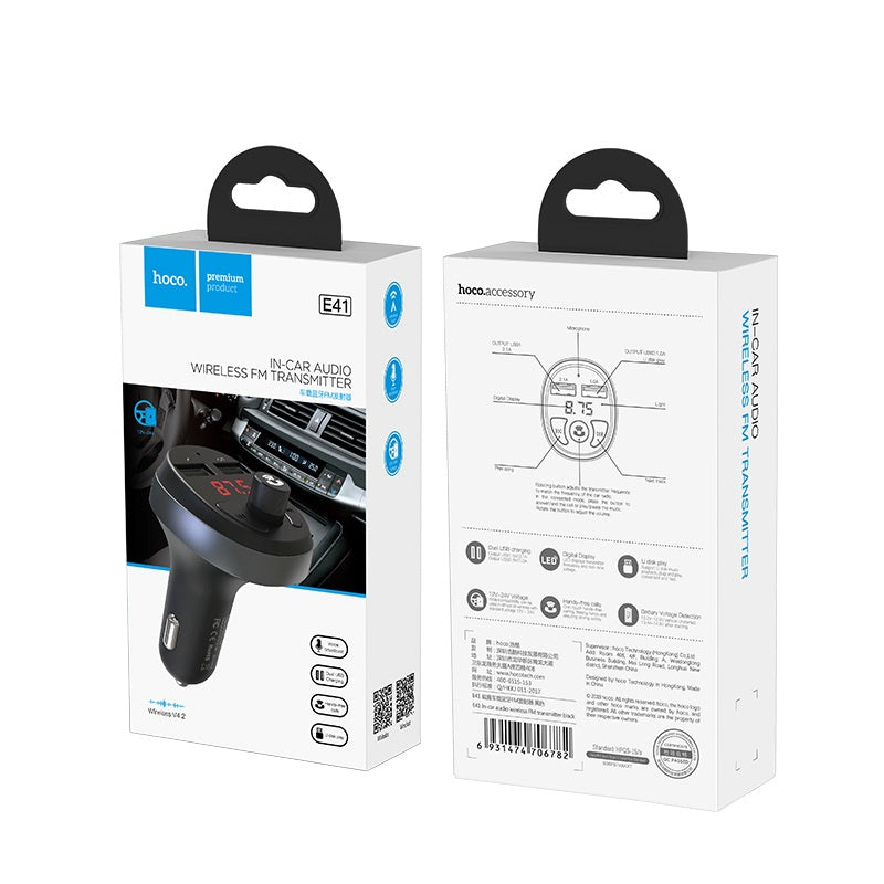 FM-модулятор Hoco E41 In-car audio wireless FM transmitter c функцией зарядного устройства Black