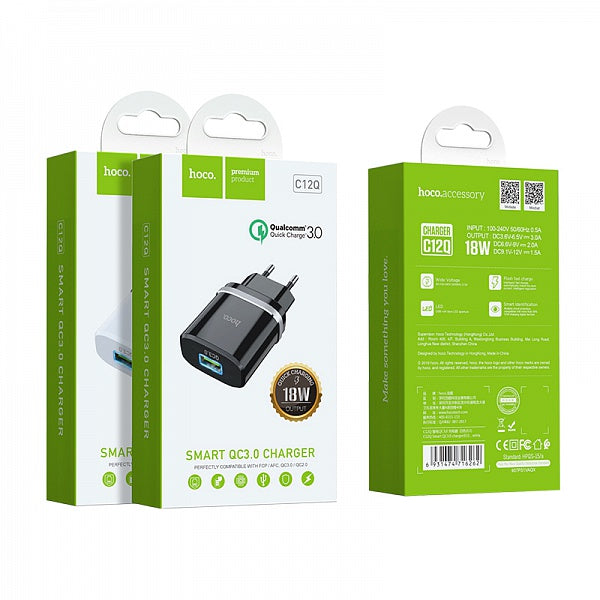 Мережевий зарядний пристрій Hoco C12Q Smart QC3.0 Black
