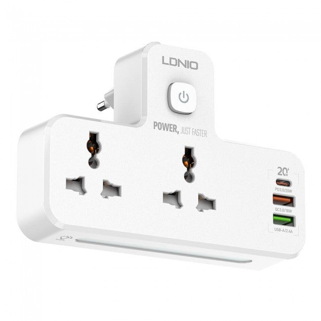 Сетевой фильтр разветвитель LDNIO SC2311 HUB 2 розетки + Type-C 20W (для iPhone) + USB 18W QC + USB 2.4A + фонарик