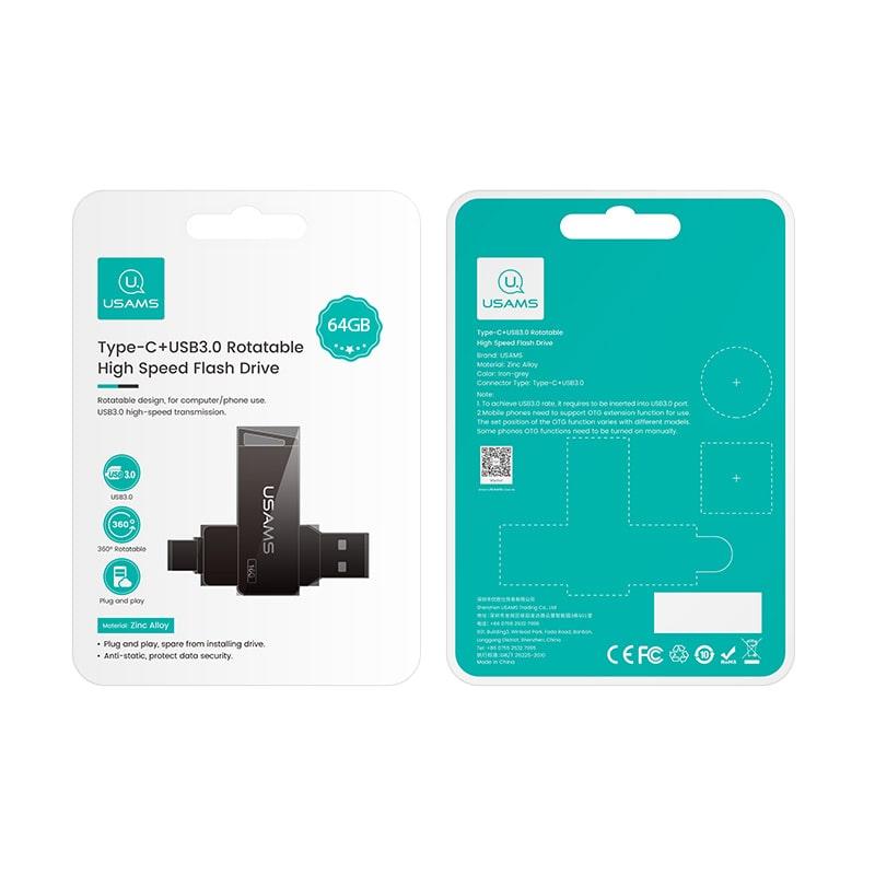 Флешка USAMS US-ZB200 Type-C OTG USB3.0 для MacBook, телефона, ПК Rotatable High Speed Flash Drive 64G
