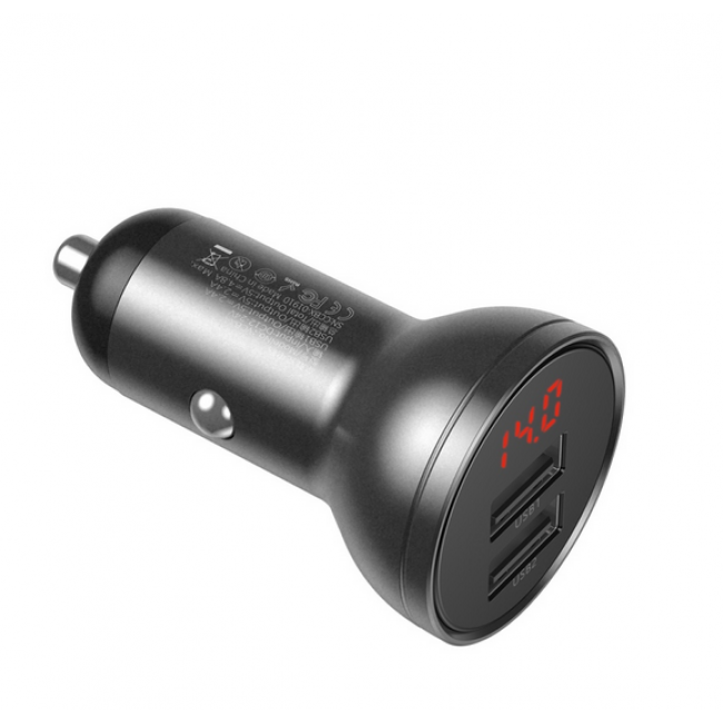 Автомобільний зарядний пристрій Baseus Digital Display Dual USB 4.8A 24W Black