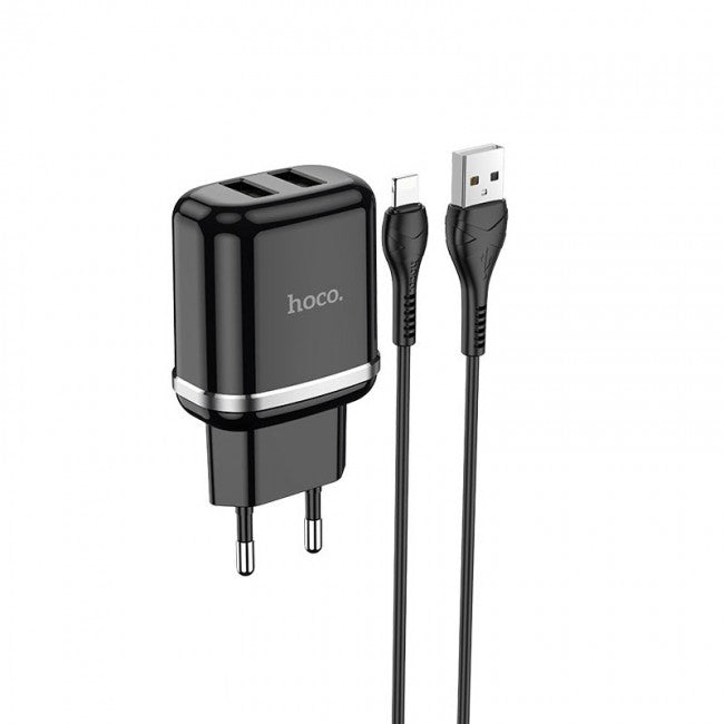 Мережевий зарядний пристрій Hoco N4 (комплект з кабелем Lightning, для iPhone) 2USB, 2,4A Чорний