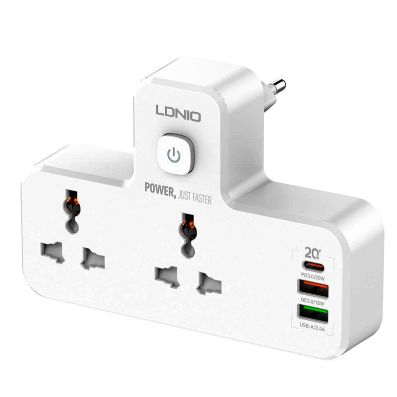 Сетевой фильтр разветвитель LDNIO SC2311 HUB 2 розетки + Type-C 20W (для iPhone) + USB 18W QC + USB 2.4A + фонарик