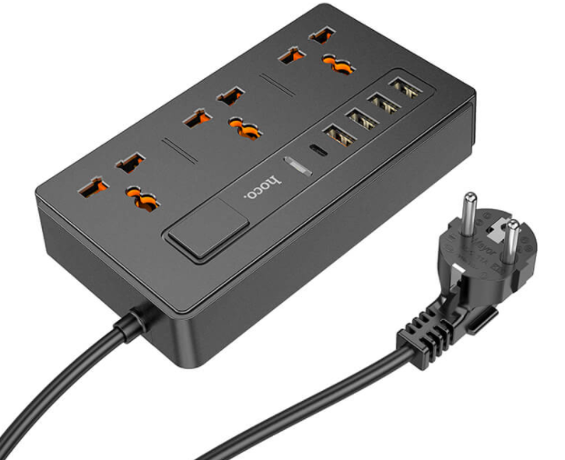 Удлинитель сетевой Hoco DC15 2500W 2 метра 3 EU розетки + 4USB + Type-C QC3.0 3A/30W Black