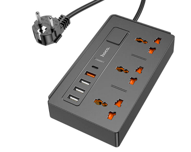 Удлинитель сетевой Hoco DC15 2500W 2 метра 3 EU розетки + 4USB + Type-C QC3.0 3A/30W Black