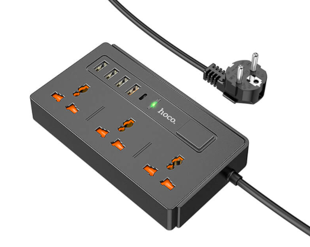 Удлинитель сетевой Hoco DC15 2500W 2 метра 3 EU розетки + 4USB + Type-C QC3.0 3A/30W Black