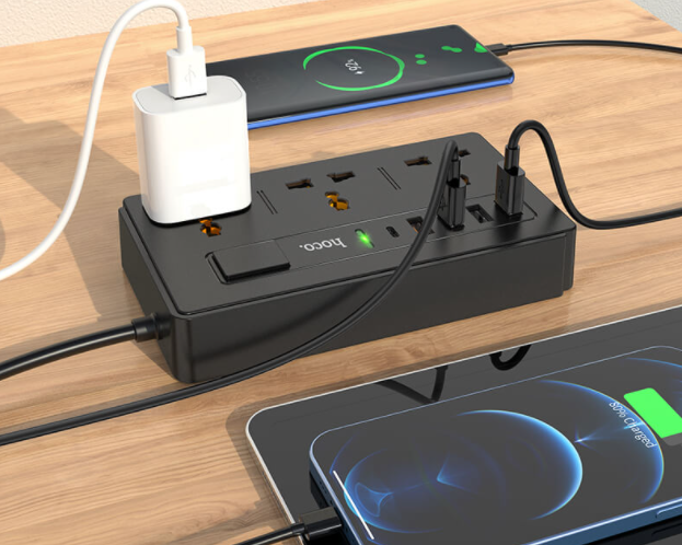 Удлинитель сетевой Hoco DC15 2500W 2 метра 3 EU розетки + 4USB + Type-C QC3.0 3A/30W Black