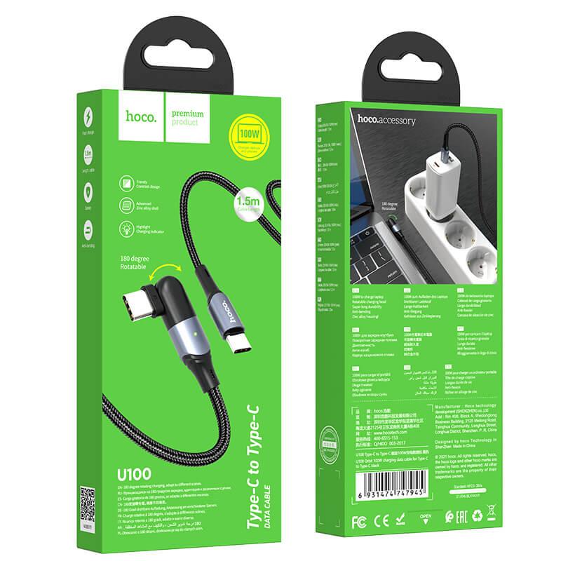 Кабель Hoco U100 Orbit 100W charging data cable for Type-C to Type-C 1.5m, 5A black