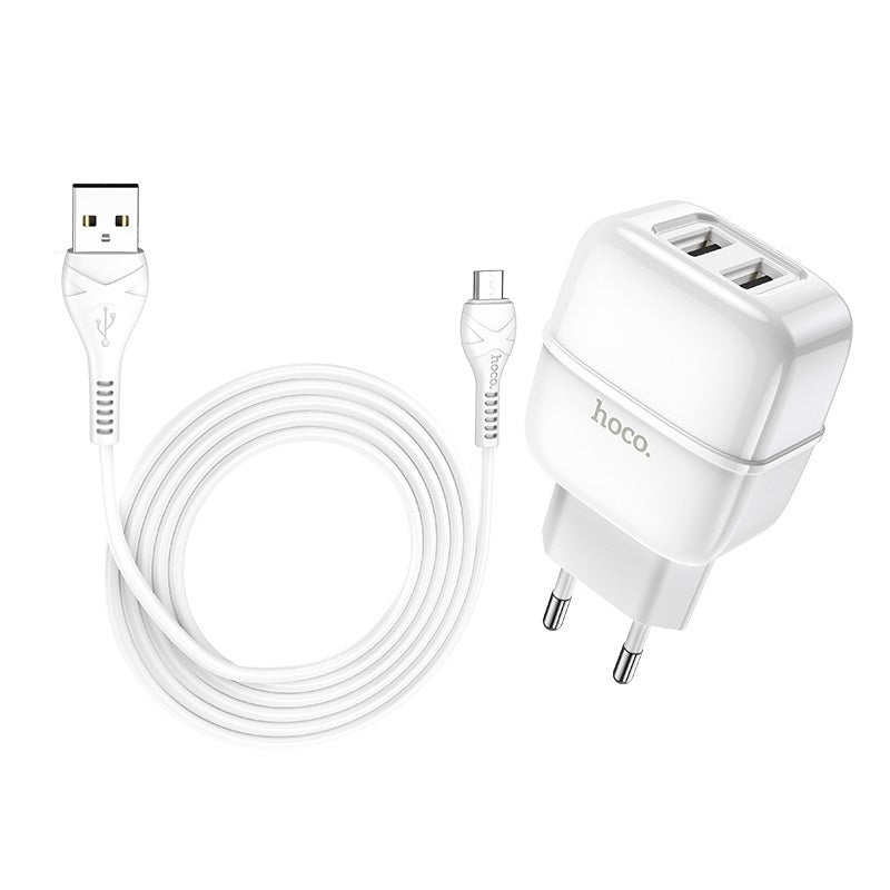 Мережевий зарядний пристрій Hoco C77A (2USB) з кабелем MicroUSB Білий