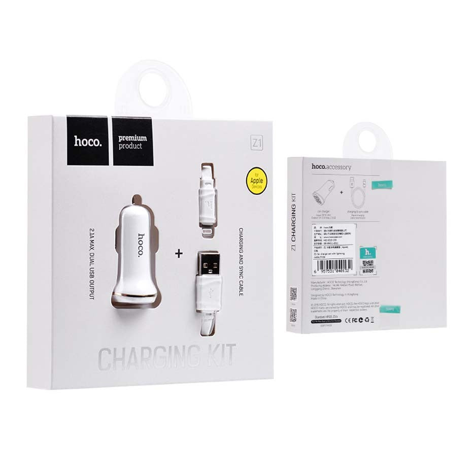 Автомобільний зарядний пристрій Hoco Z1 з Lightning USB 2USB 2.1А White