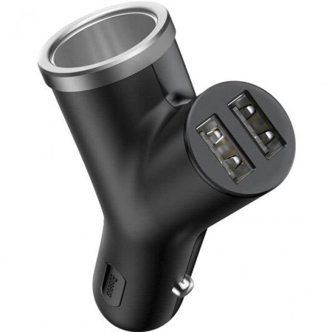 Зарядний пристрій в авто з додатковим гніздом запальнички та 2USB Baseus Y type dual USB+cigarette lighter Black