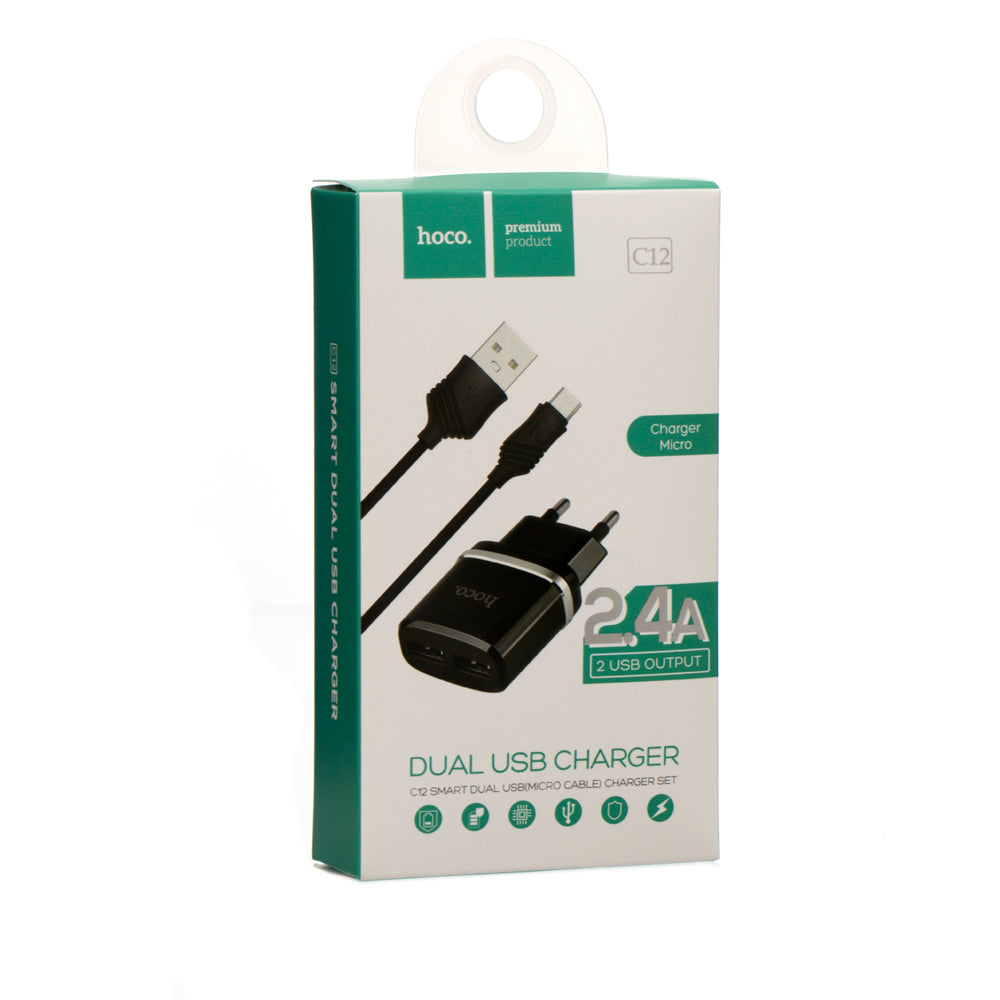 Мережевий зарядний пристрій HOCO C12 2USB 2.4A + Кабель Micro Usb Black