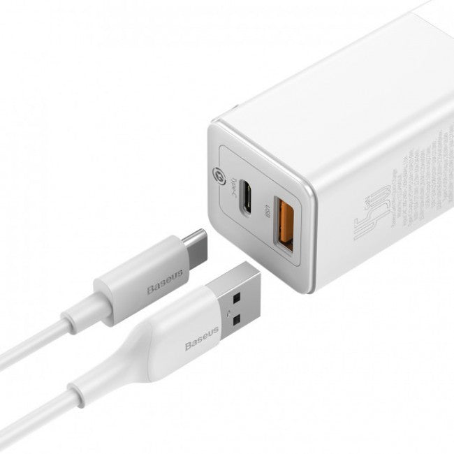 Швидкий мережевий зарядний пристрій Baseus GaN2 Quick Charger 45W Type-C + USB-A (з кабелем Type-C to Type-C на 60W) White