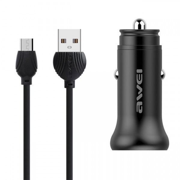 Автомобільний зарядний пристрій Awei C-838 з кабелем MicroUSB (2USB, 3.4А) Чорний