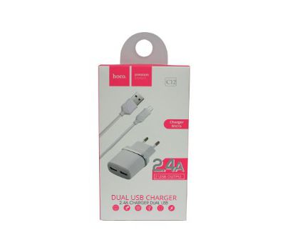 Мережевий зарядний пристрій HOCO C12 2USB 2.4A + Кабель Micro Usb White