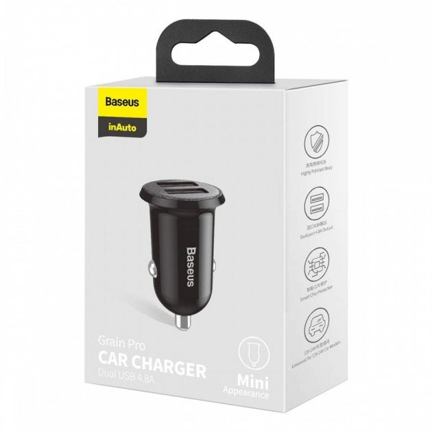 Автомобільний зарядний пристрій Baseus Grain Pro Car Charger зі швидкою зарядкою QC 3.0 (2 USB, 4.8A) Black