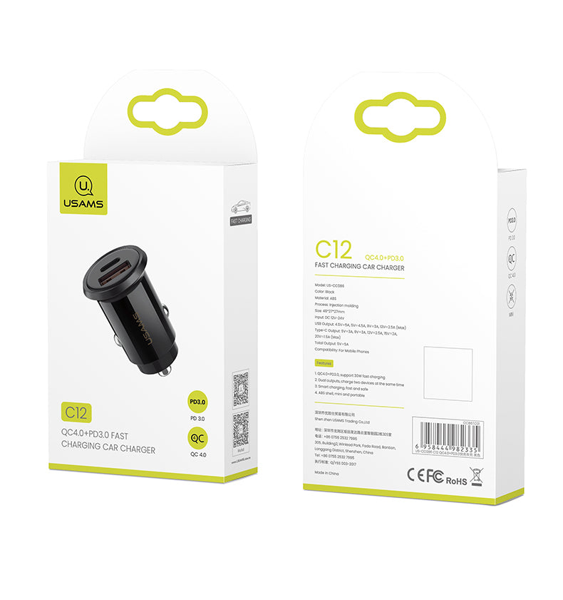Автомобільне зарядне пристрій Usams US-CC086 C12 (QC4.0+PD3.0) Fast Charging Чорний