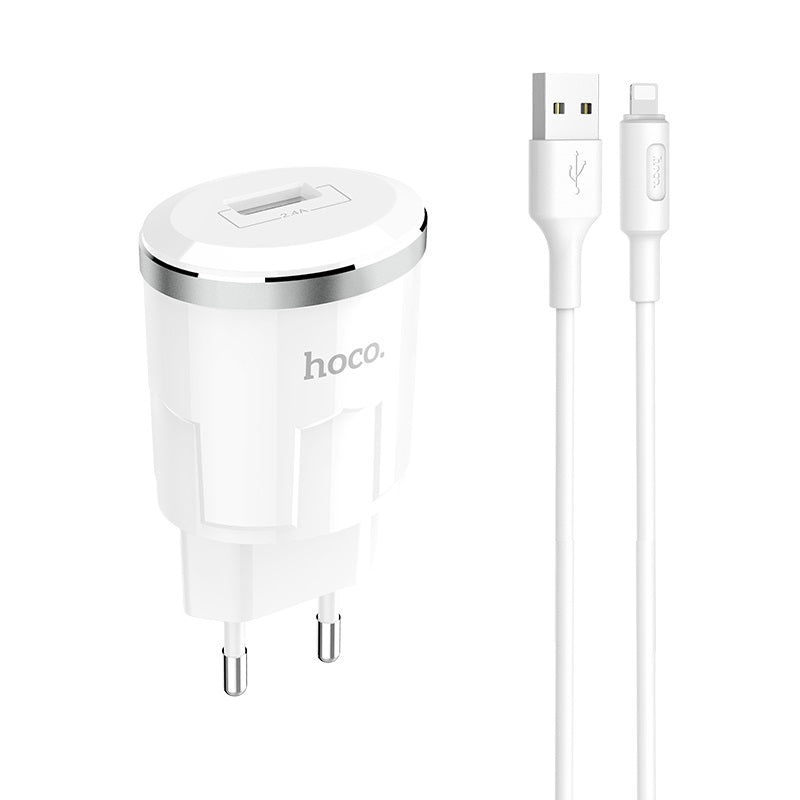 Мережевий зарядний пристрій Hoco C37A Thunder з кабелем Lightning (1USB, 2.4A) Білий
