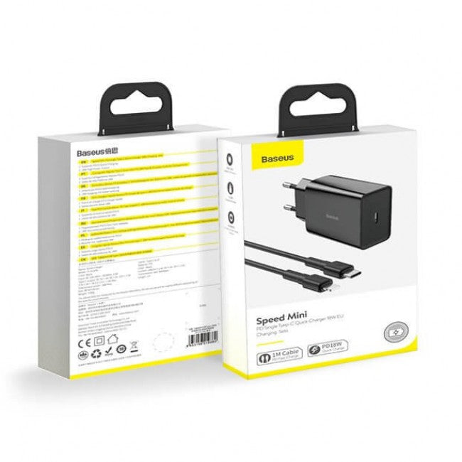 Зарядний пристрій (блок та кабель) для iPhone Baseus DZ-HW Speed Mini PD Single Type-C з кабелем Type-C to Lightning (PD, 18W) Чорний