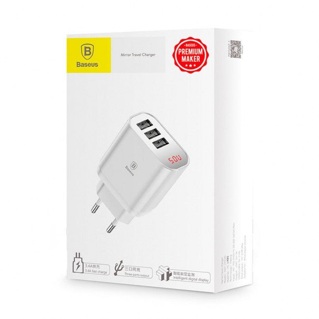 Мережевий зарядний пристрій Baseus Mirror Lake Intelligent Digital Display (3USB, 3.4A) Білий