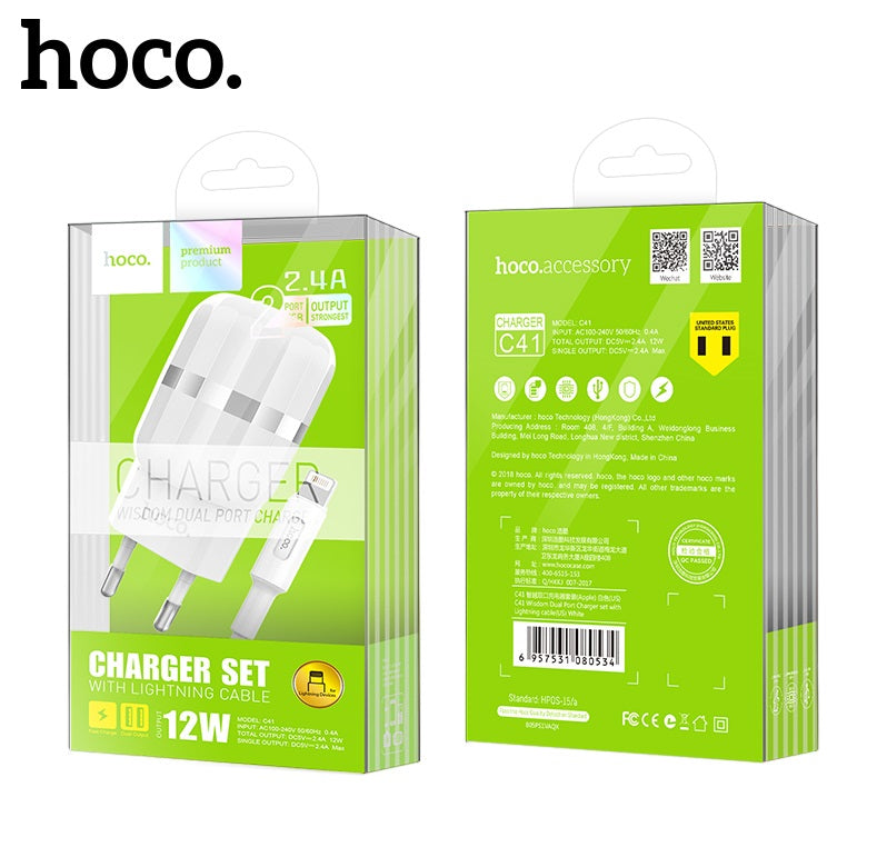 СЗУ Hoco C41A Wisdom with Lightning (EU) (2USB, 2.4A) White