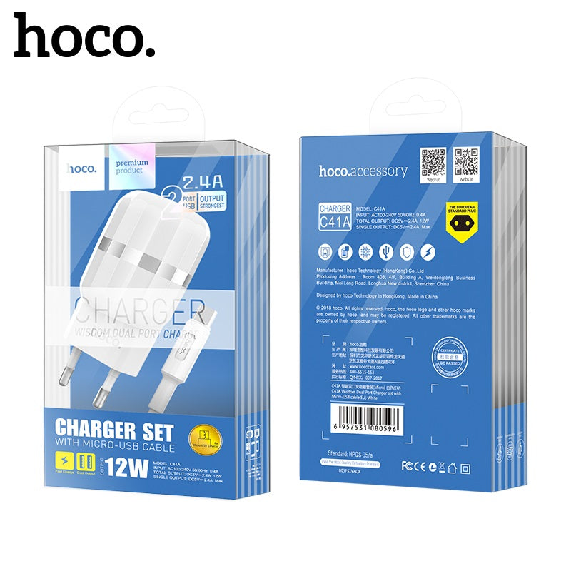 СЗУ Hoco C41A Wisdom with MicroUSB (EU) (2USB, 2.4A) White