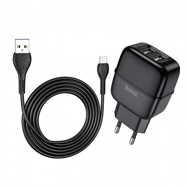 Мережевий зарядний пристрій Hoco C77A (2USB) з кабелем Type-C Чорний
