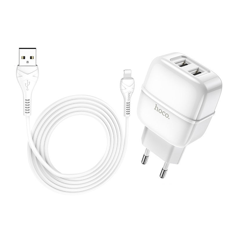 Мережевий зарядний пристрій Hoco C77A (2USB) з кабелем Lightning Білий