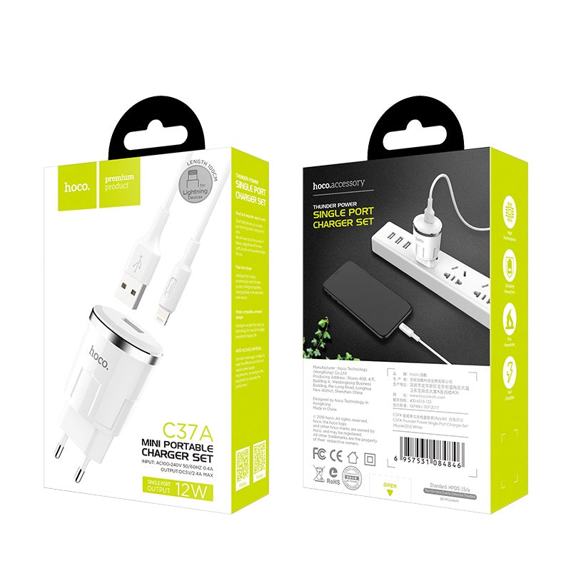 Мережевий зарядний пристрій Hoco C37A Thunder з кабелем Lightning (1USB, 2.4A) Білий