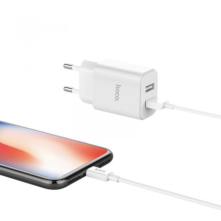 Мережевий зарядний пристрій Hoco C62A Victoria з кабелем Lightning (2USB, 2.1A) Білий