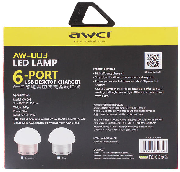 Мережеве зарядне пристрій AWEI C910 LED lamp with 6 USB ports Rose Gold