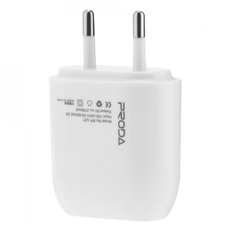 Мережевий зарядний пристрій Remax 2USB 2.1A + Micro USB Cable RP-U21 White
