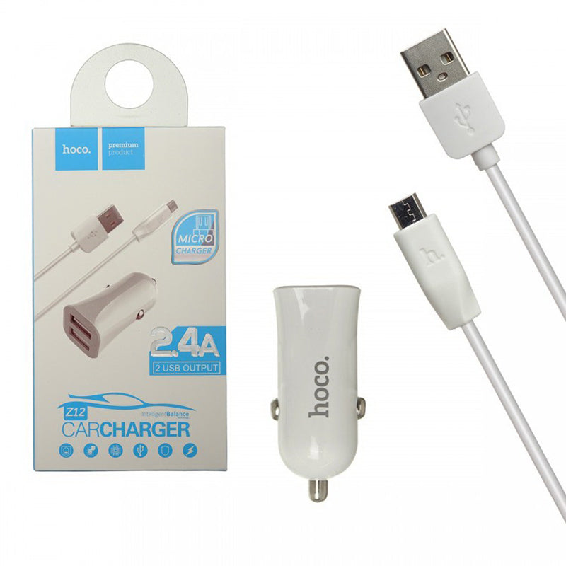 Автомобільне зарядне пристрій Hoco Z12 + Micro USB Cable (2USB 2.4A) Білий