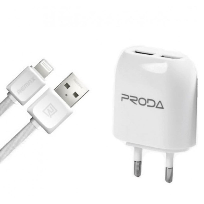 Мережевий зарядний пристрій Remax 2USB 2.1A + Lightning USB Cable RP-U21 White