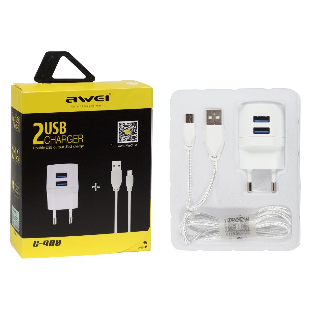 Мережеве зарядне пристрій Awei C-900 (2USB 1.2A) Білий