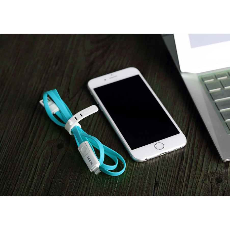 Кабель 2-in-1 Rock Micro USB+Lightning Flat 1M 2.1A Синій