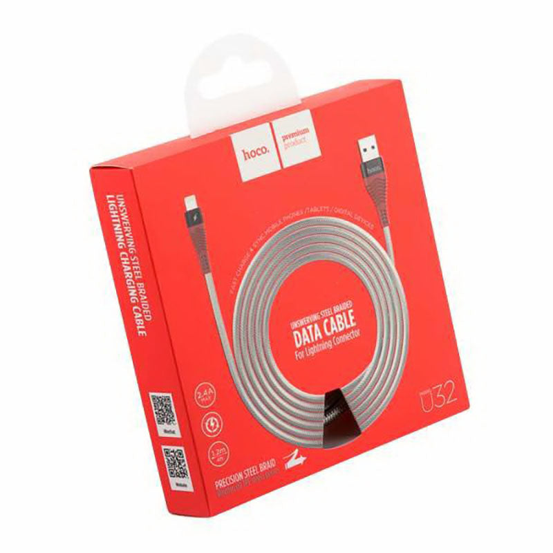 Кабель USB Hoco U32 Lightning Unswerving Steel Braided Black+Red