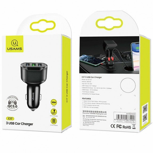 Зарядний пристрій для телефона в авто Usams US-CC100-1 C17 (3 USB 1A, 2.4A, QC3.0) Black