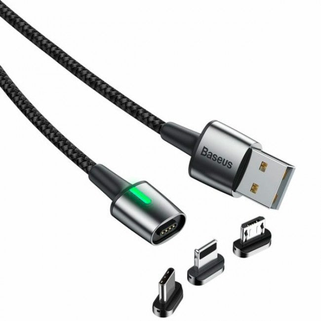 Магнітний кабель з опліткою 3в1 (MicroUSB, Type-C, Lightning) Baseus Zinc Magnetic Kit 1m Чорний