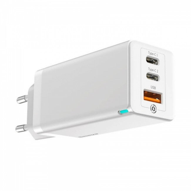 Швидкий сітьовий зарядний пристрій Baseus GaN2 Pro Quick Charger 65W (2 Type-C + USB-A) White