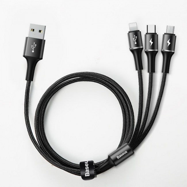 Кабель з опліткою 3в1 (MicroUSB, Type-C, Lightning) Baseus halo data 3-in-1 cable USB 3.5A 1.2m Чорний