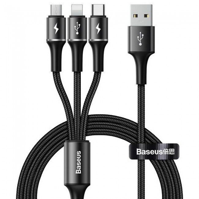 Кабель з опліткою 3в1 (MicroUSB, Type-C, Lightning) Baseus halo data 3-in-1 cable USB 3.5A 1.2m Чорний