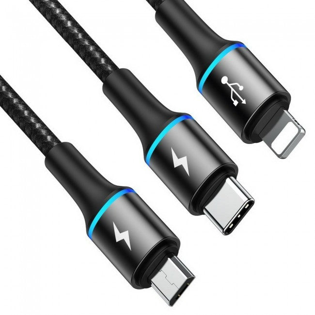 Кабель з опліткою 3в1 (MicroUSB, Type-C, Lightning) Baseus halo data 3-in-1 cable USB 3.5A 1.2m Чорний