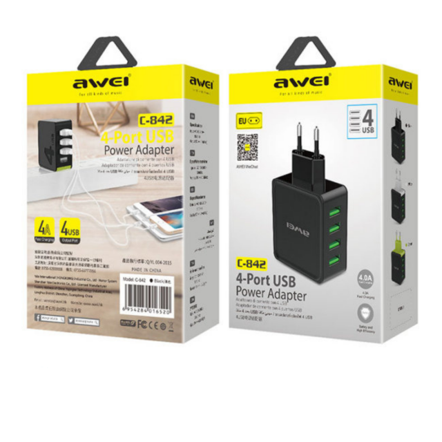 Мережевий зарядний пристрій Awei C-842 (4USB, 4A) Чорний