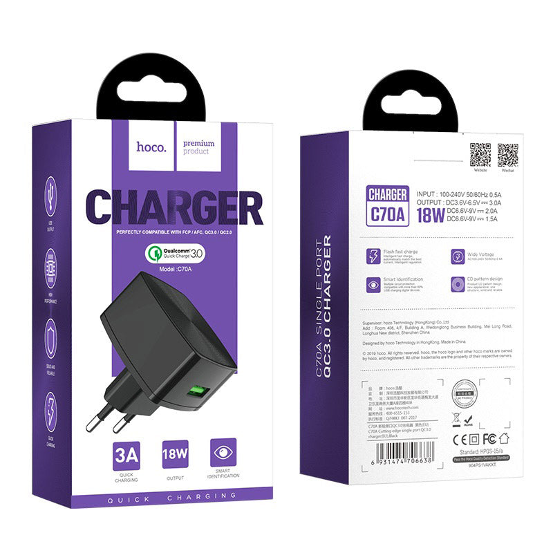 Мережевий зарядний пристрій Hoco C70A Cutting-edge QC3.0 (1USB) Black