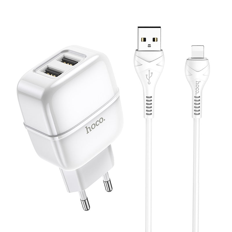 Мережевий зарядний пристрій Hoco C77A (2USB) з кабелем Lightning Білий